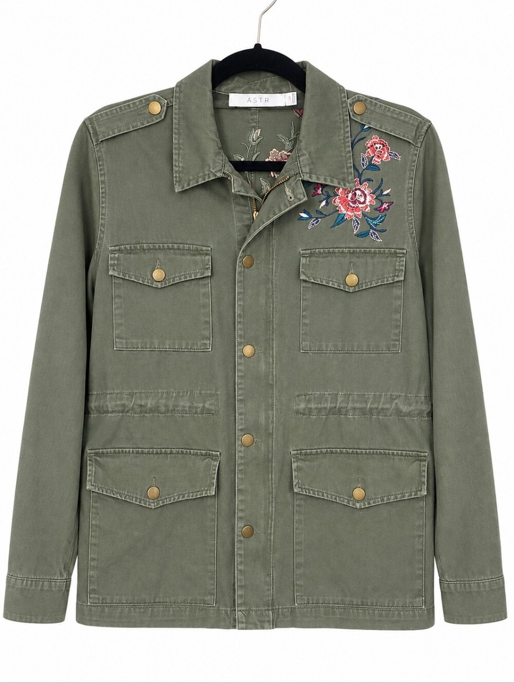 ASTR The Label Olive Green Floral Embroidered Utility Military Jacket Size S